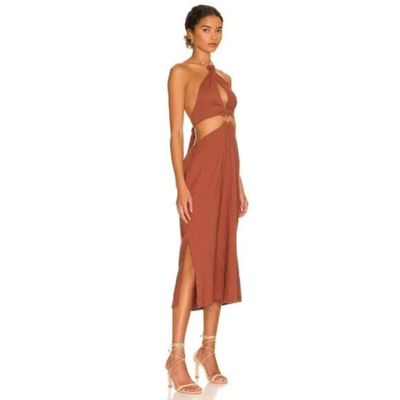 WEWOREWHAT Shell Chain Halter Midi Dress in Cappuccino - Picture 2 of 6